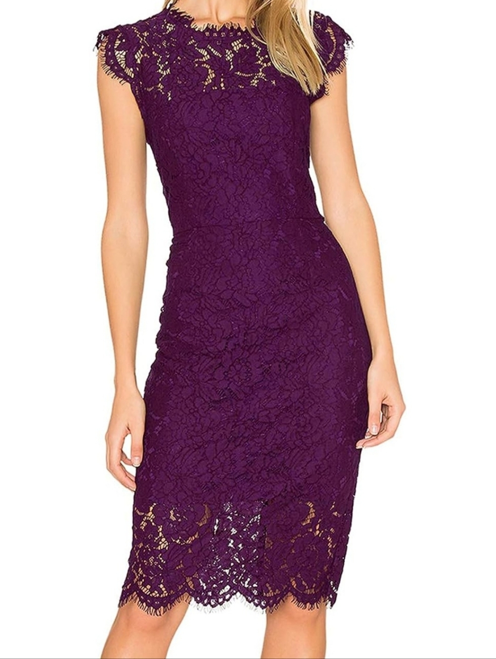 Purple Lace Cap-Sleeve Midi Dress